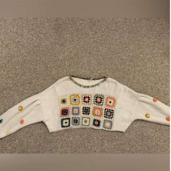 Free People Dahlia Floral Crochet Sweater Oversized Cropped size S - Picture 6 of 11